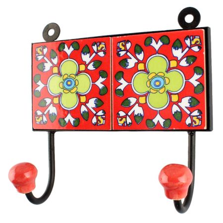 Ceramic Floral Tile Hook in Red
